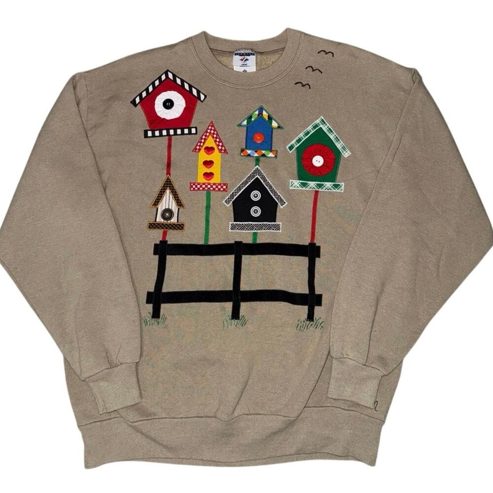 VTG 90s Birdhouse Leaf Crewneck Sweatshirt Brown Adult XL embroidered, buttons